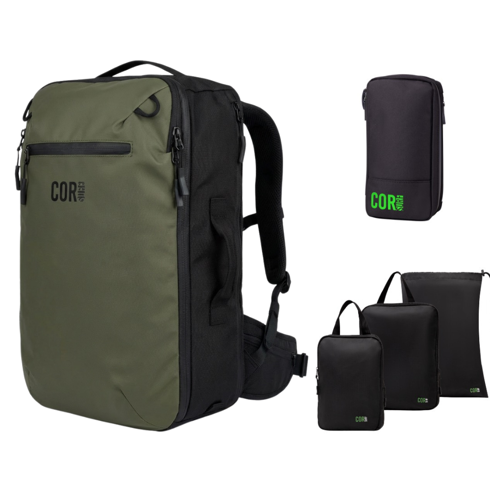 Green 40L COR Surf backpack with waist belt and black organizer bags from the travel bundle.