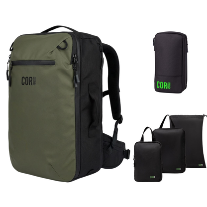 Green 40L COR Surf backpack with waist belt and black organizer bags from the travel bundle.