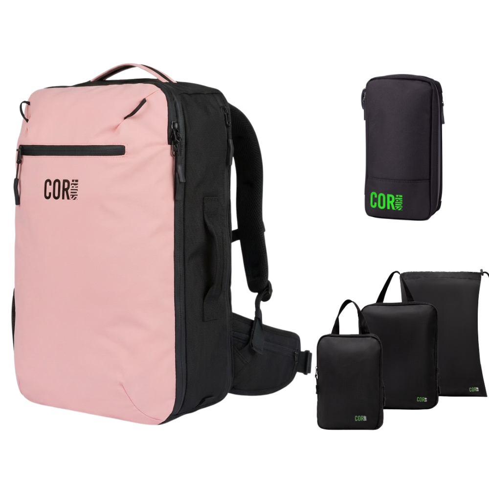 Pink 40L COR Surf backpack with waist belt and black organizer bags from the travel bundle.