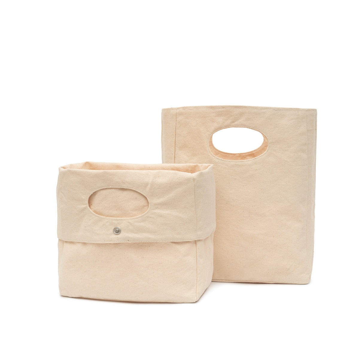 Two cotton canvas baskets with tops rolled and unrolled
