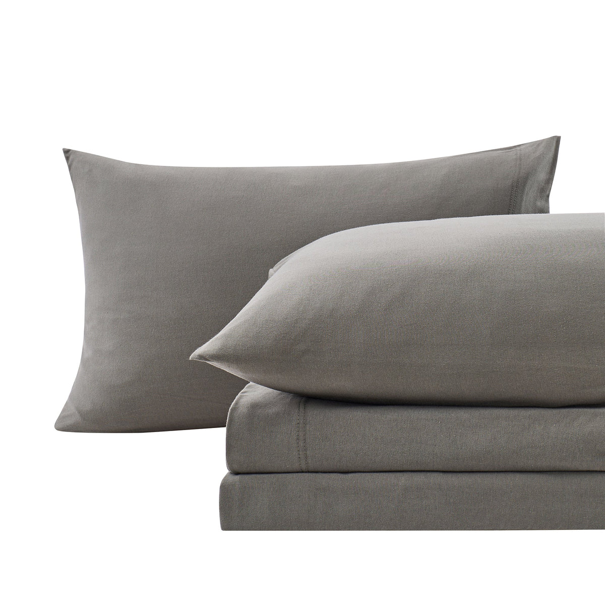 Close-up of Olive Green cotton jersey-knit pillowcases and matching sheet fabric.