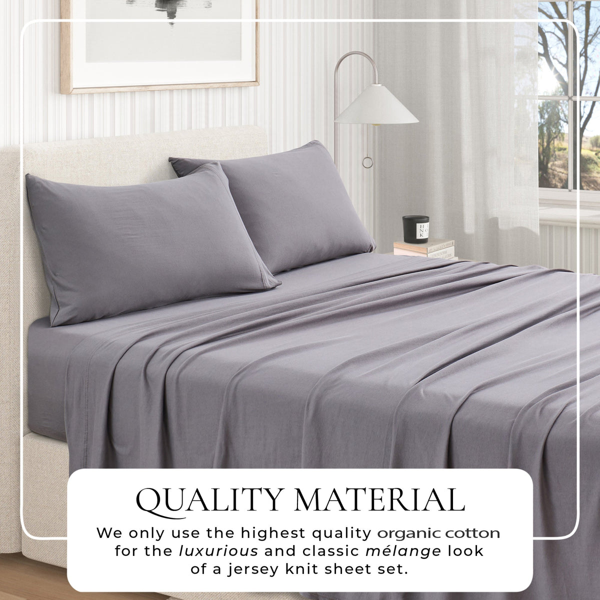 Great Bay Home quality-material graphic for Charcoal jersey-knit sheets; the text says the fabric uses high-quality organic cotton for a luxurious mélange look.