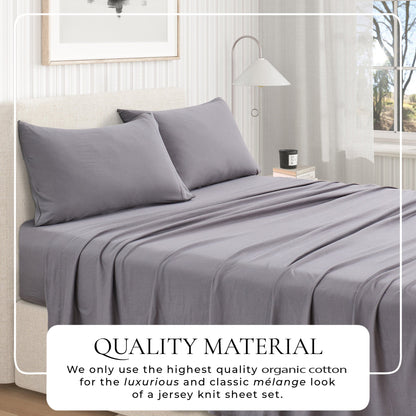 Great Bay Home quality-material graphic for Charcoal jersey-knit sheets; the text says the fabric uses high-quality organic cotton for a luxurious mélange look.