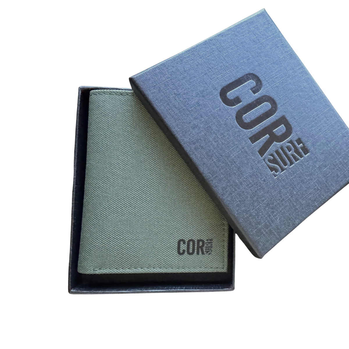 Green COR Surf bifold wallet with its COR gift box.