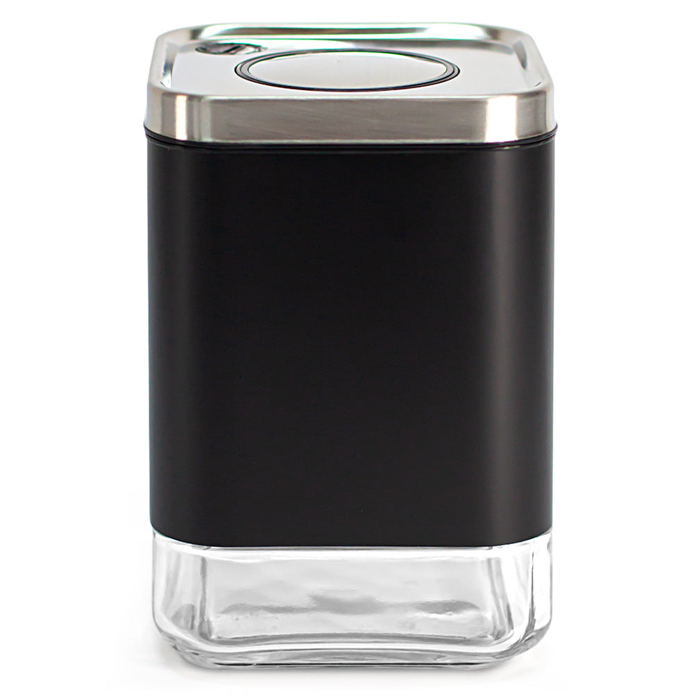One Kaffe KF3020S square canister with black exterior, stainless-steel lid and clear glass base on a white background.