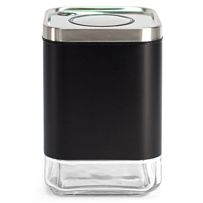 One Kaffe KF3020S square canister with black exterior, stainless-steel lid and clear glass base on a white background.