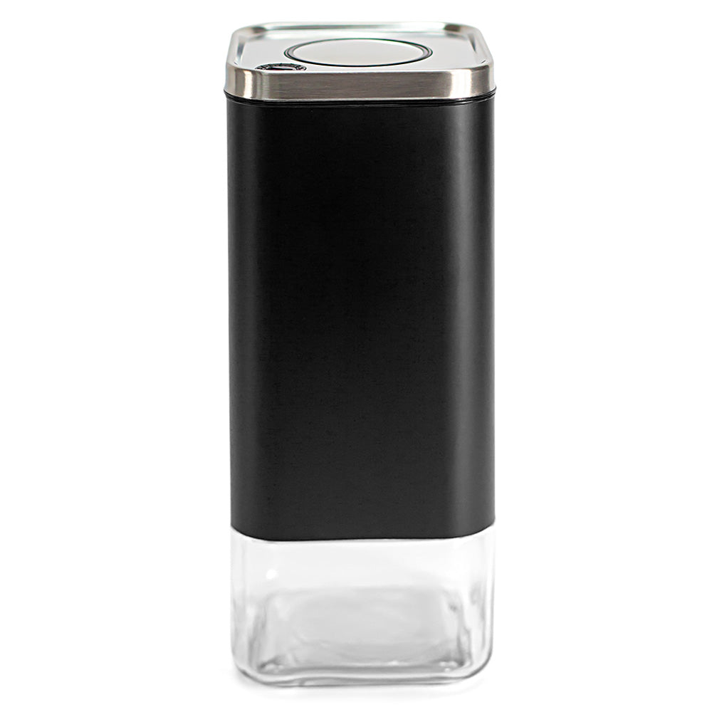 One KF3022S square coffee canister with black exterior, glass base and lid.