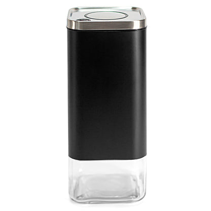 One KF3022S square coffee canister with black exterior, glass base and lid.