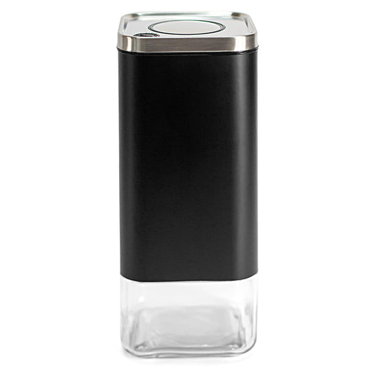 One KF3022S square coffee canister with black exterior, glass base and lid.