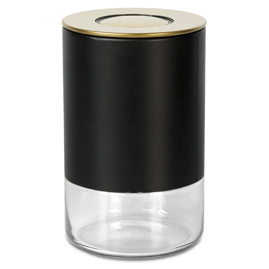Kaffe KF3030G black round storage canister with a clear glass base and gold-tone lid.