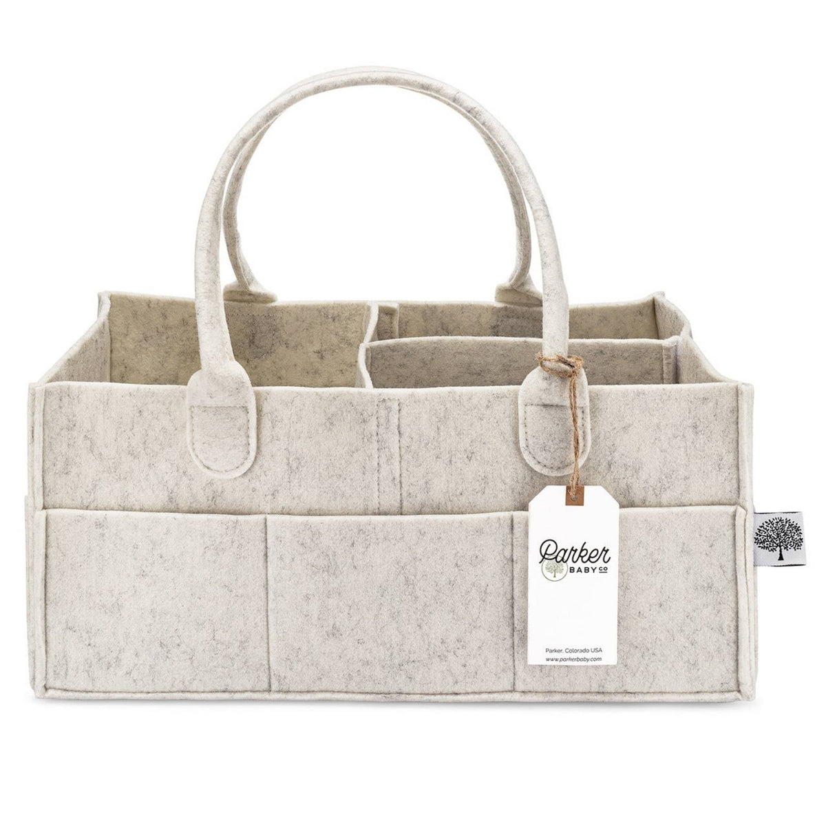Empty Large White felt diaper caddy with removable divider and carry handles.