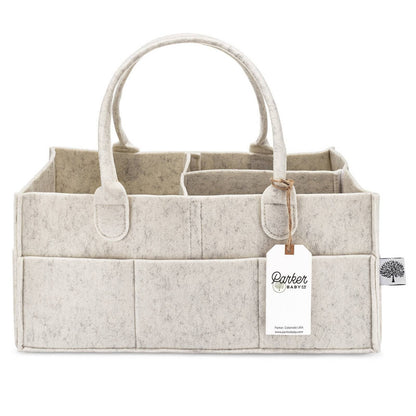 Empty Large White felt diaper caddy with removable divider and carry handles.