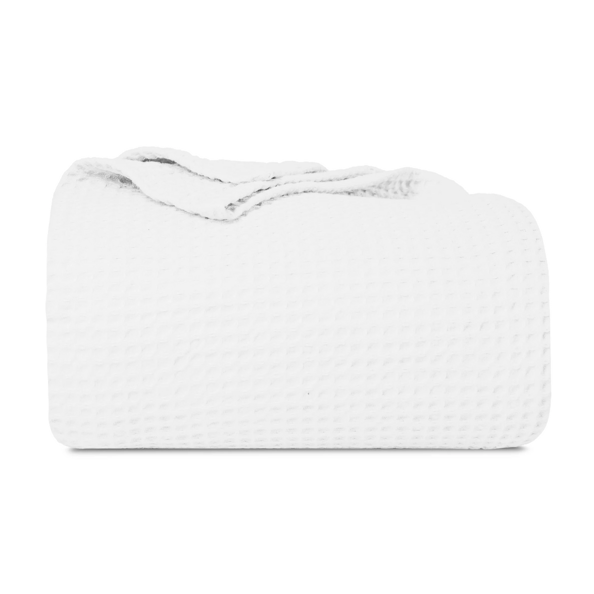 White cotton waffle weave throw folded on a white background