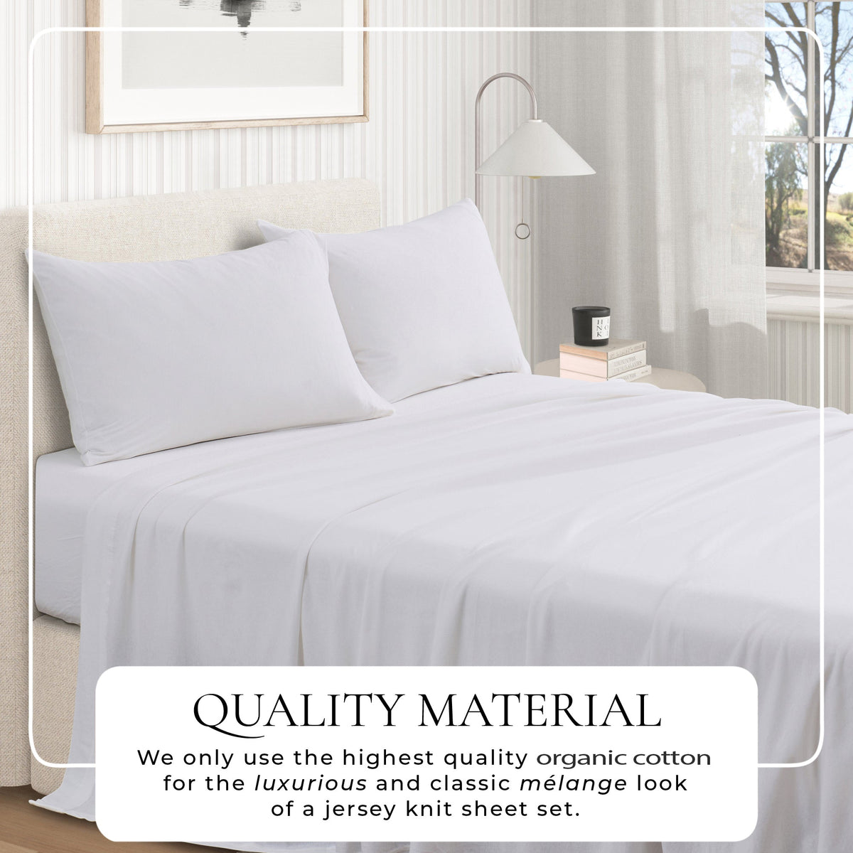 Great Bay Home quality-material graphic for White jersey-knit sheets; the text says the fabric uses high-quality organic cotton for a luxurious mélange look.