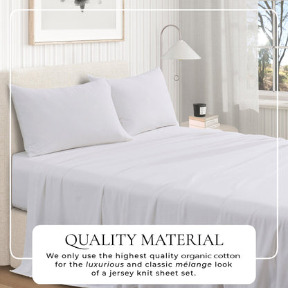Great Bay Home quality-material graphic for White jersey-knit sheets; the text says the fabric uses high-quality organic cotton for a luxurious mélange look.
