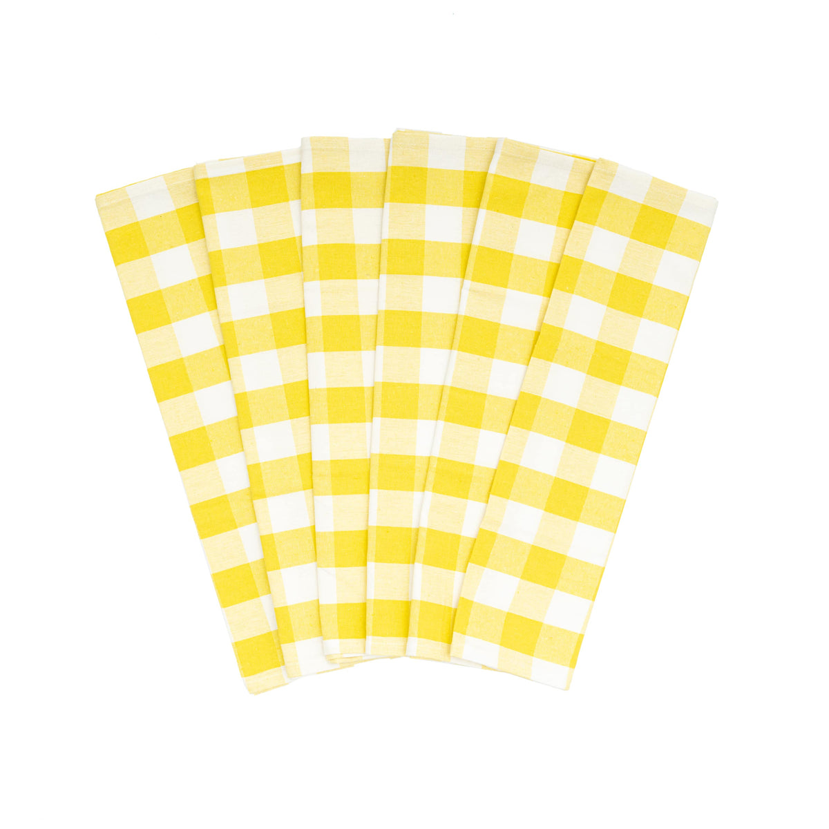 Six yellow-and-white plaid cotton kitchen towels.