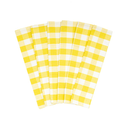 Six yellow-and-white plaid cotton kitchen towels.